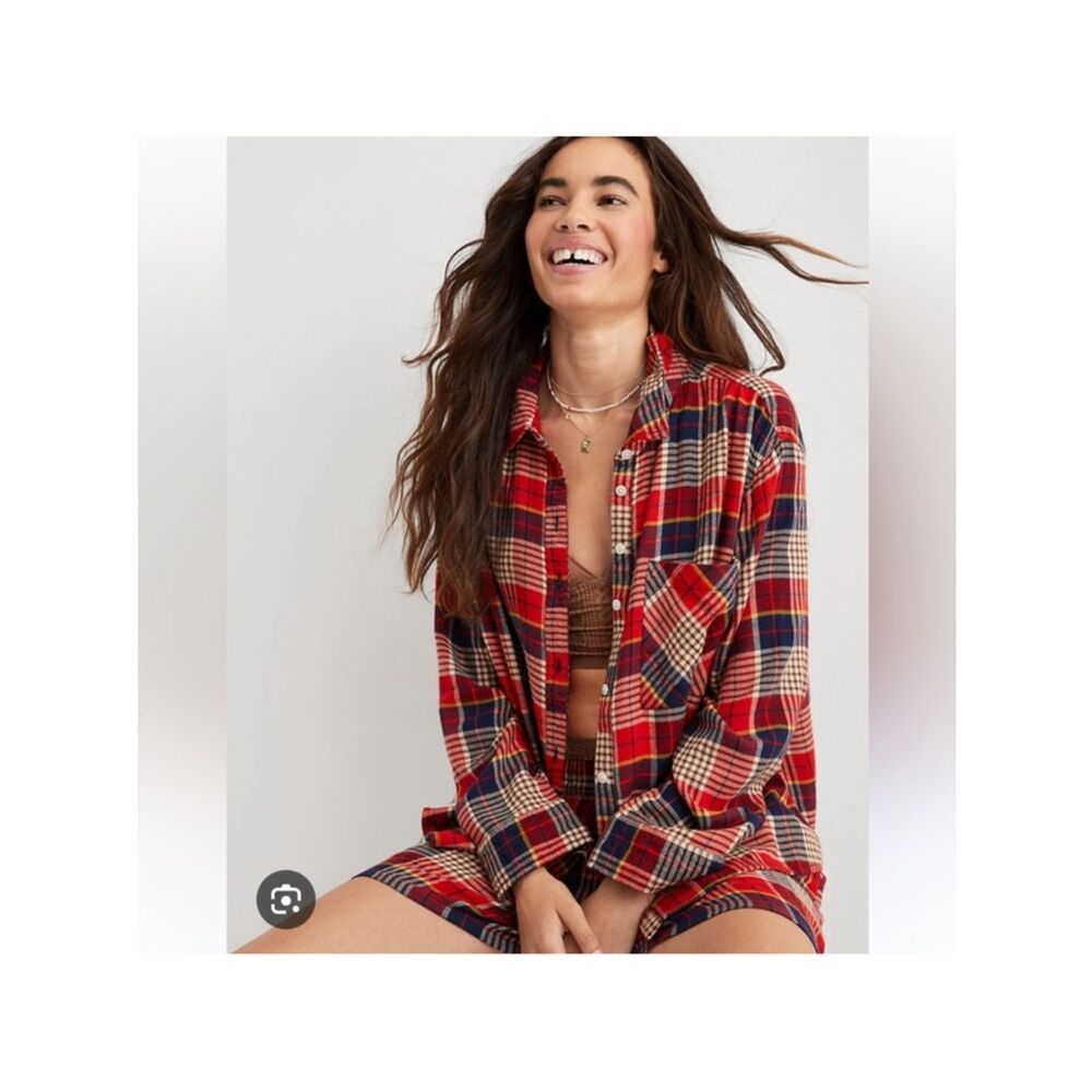 aerie Red Plaid Button-Up Shirt with Navy and Cream Accents